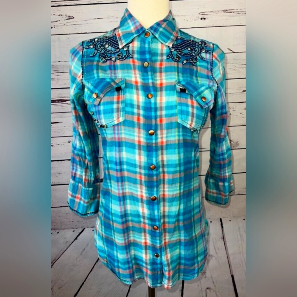 Roar Blue Plaid Button-Up Shirt with Embroidery And Riverts, Size M - Picture 2 of 13